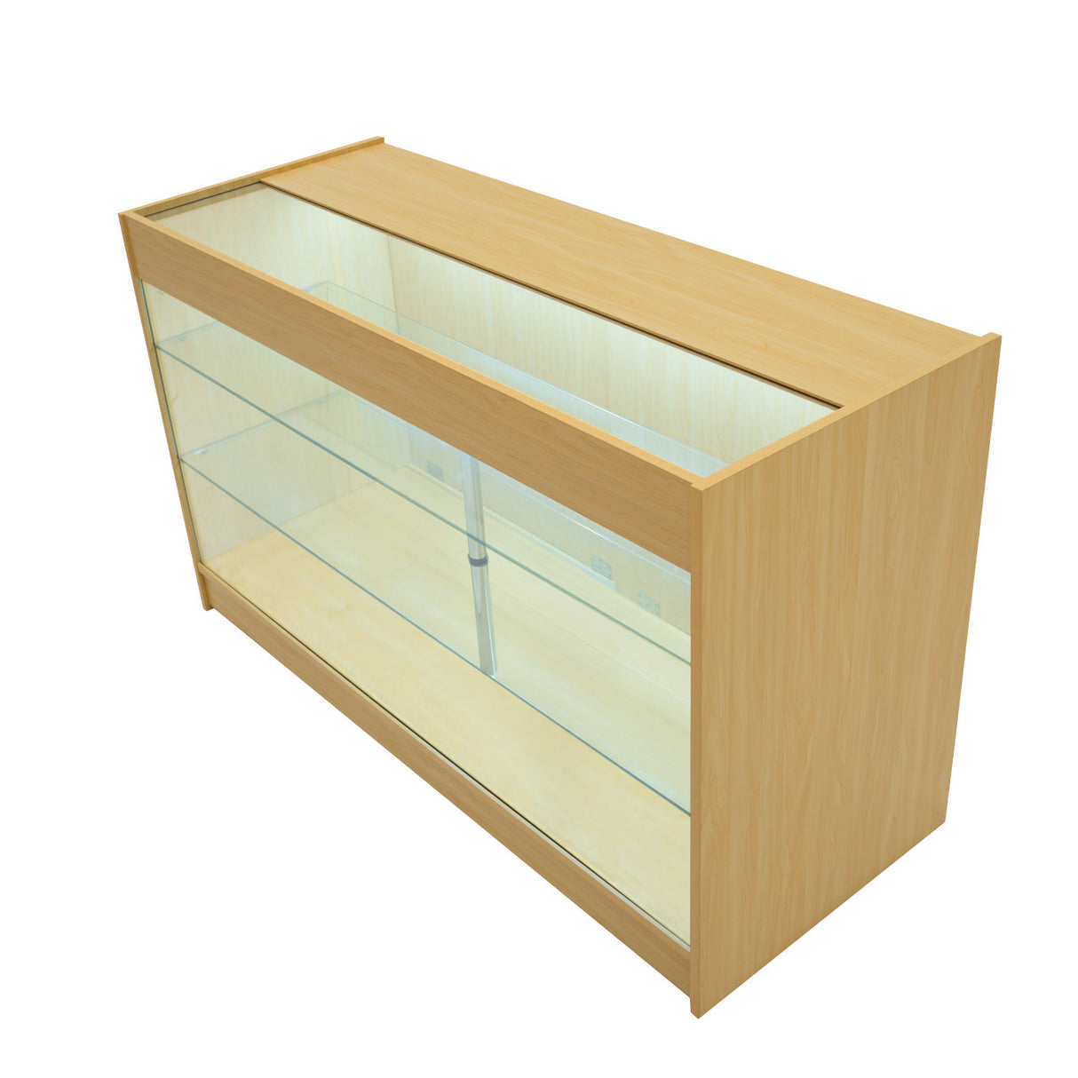 Comptoir de vente à LED en érable clair, avec vitrine en verre, éclairage intégré et design moderne, idéal pour les boutiques