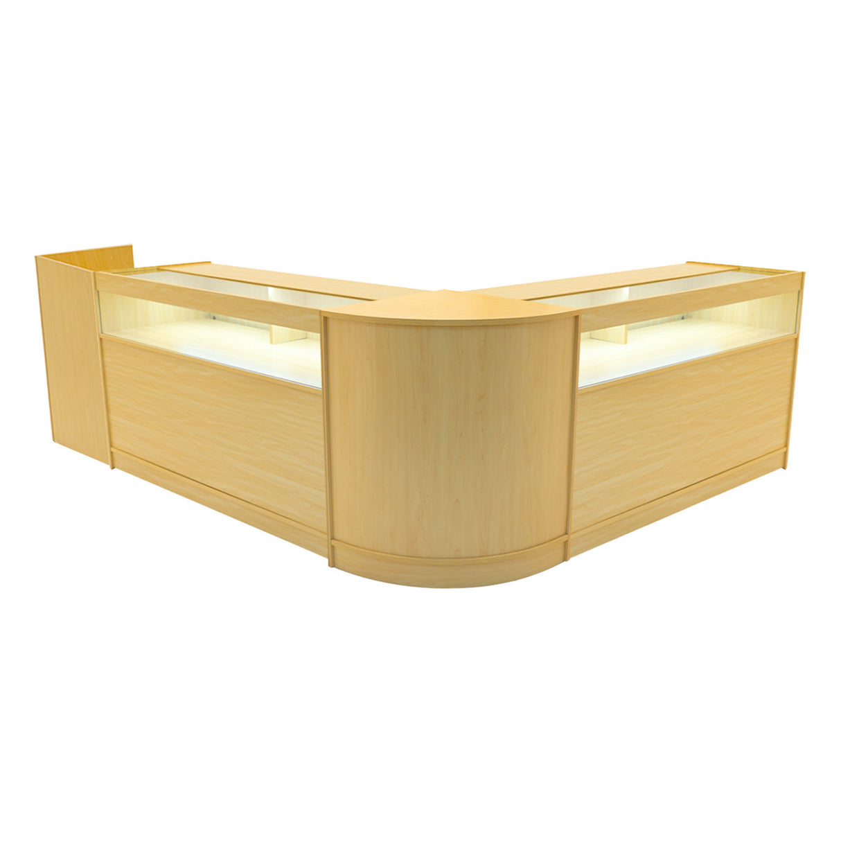 Comptoir de vente en érable clair avec éclairage LED, design moderne en forme de L, surface lisse et finitions soignées