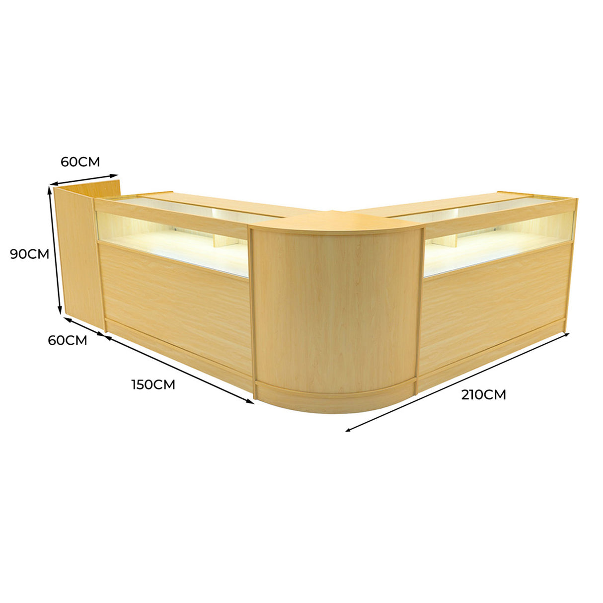 Comptoir de vente en érable clair avec éclairage LED, forme en L, dimensions 210 cm x 150 cm, surface lisse et moderne