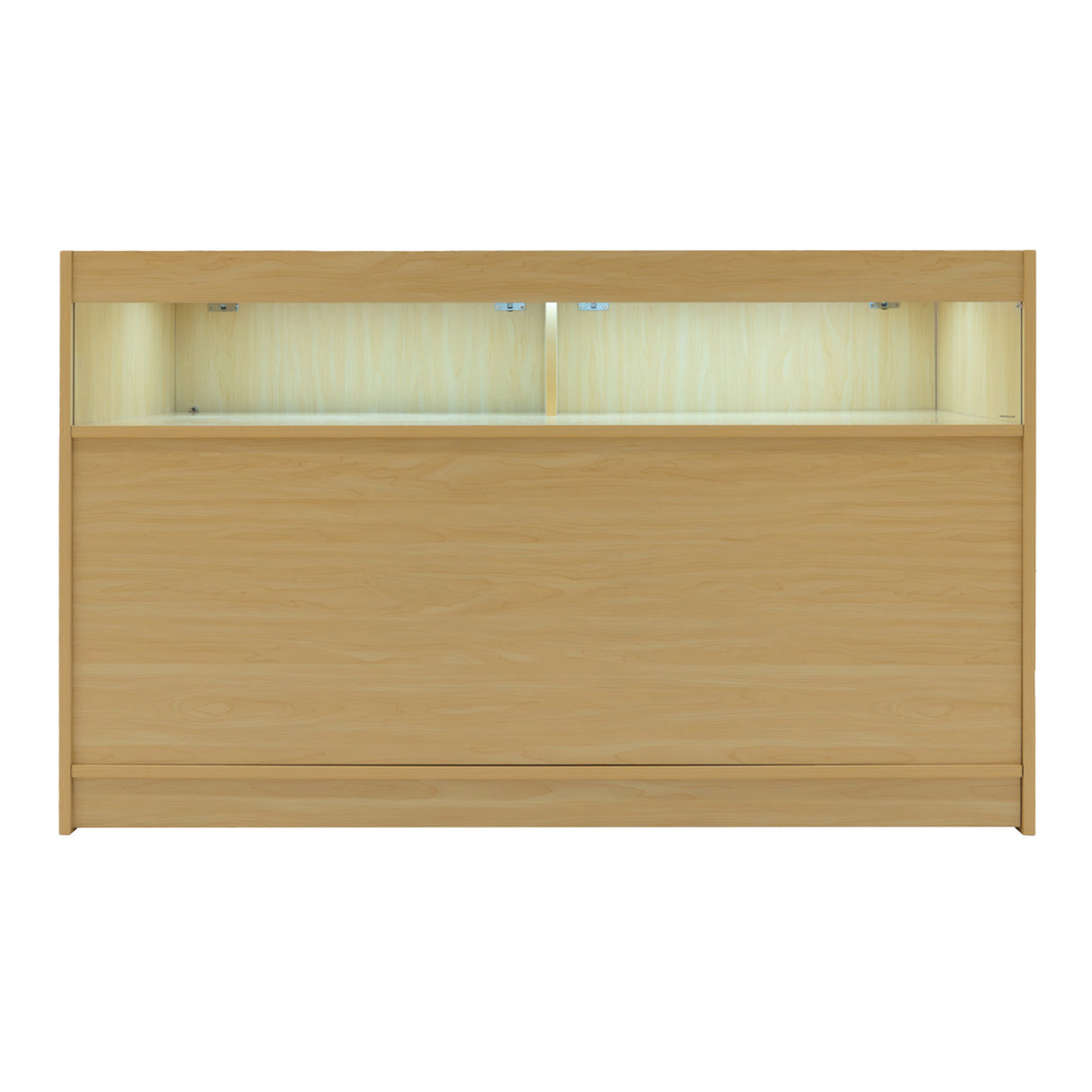 Comptoir de vente en érable clair avec éclairage LED intégré, surface lisse et moderne, design épuré et fonctionnel pour le commerce