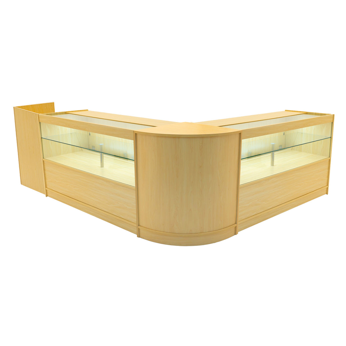 Comptoir de vente en érable clair avec éclairage LED, surfaces vitrées, design moderne en forme de L, idéal pour les boutiques