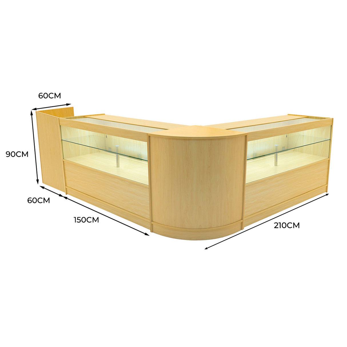 Comptoir de vente en érable clair, forme en L, dimensions 210x150x90 cm, avec éclairage LED et vitrines en verre transparent