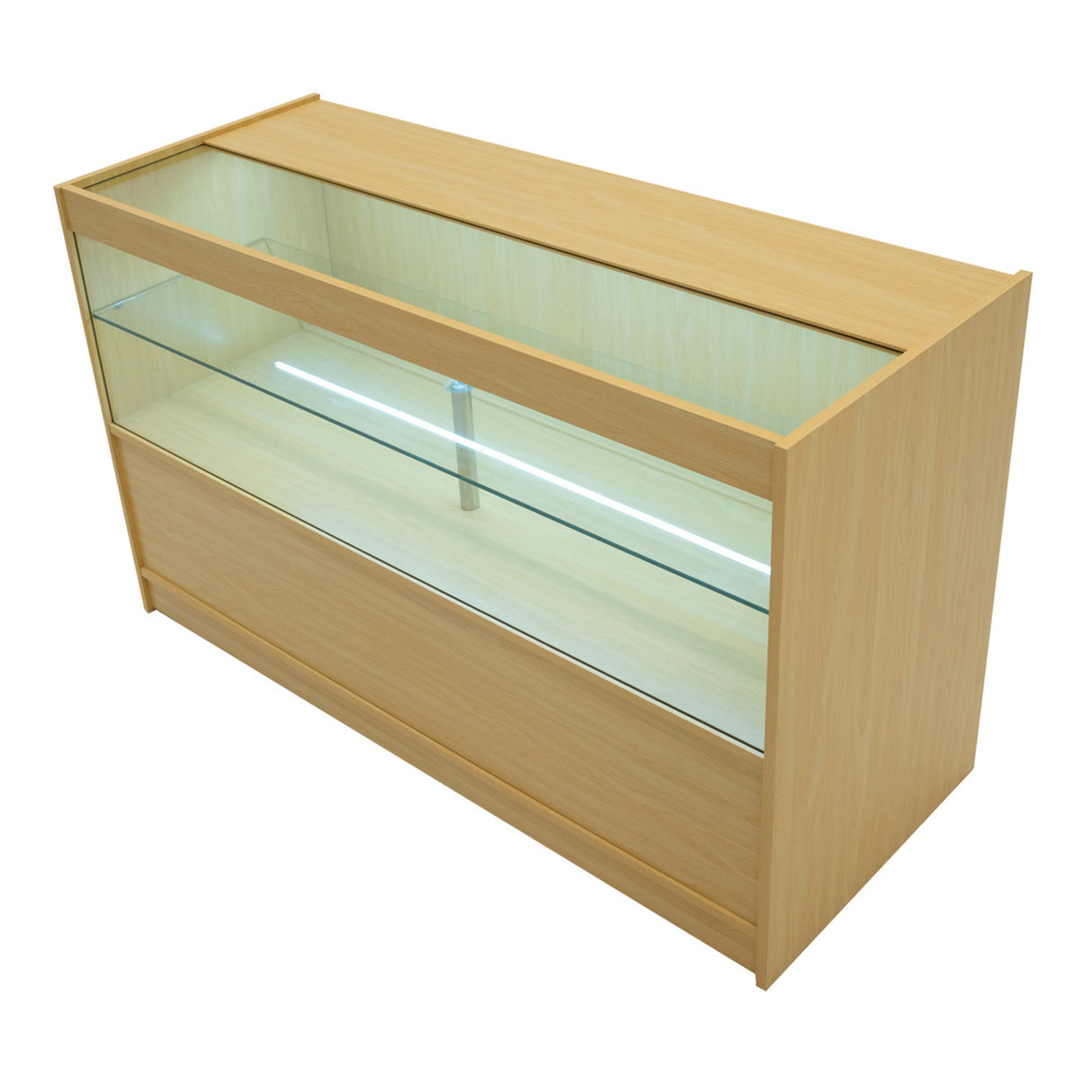 Comptoir de vente à LED en érable clair, avec vitrine en verre et éclairage intégré, design moderne et épuré, idéal pour les boutiques