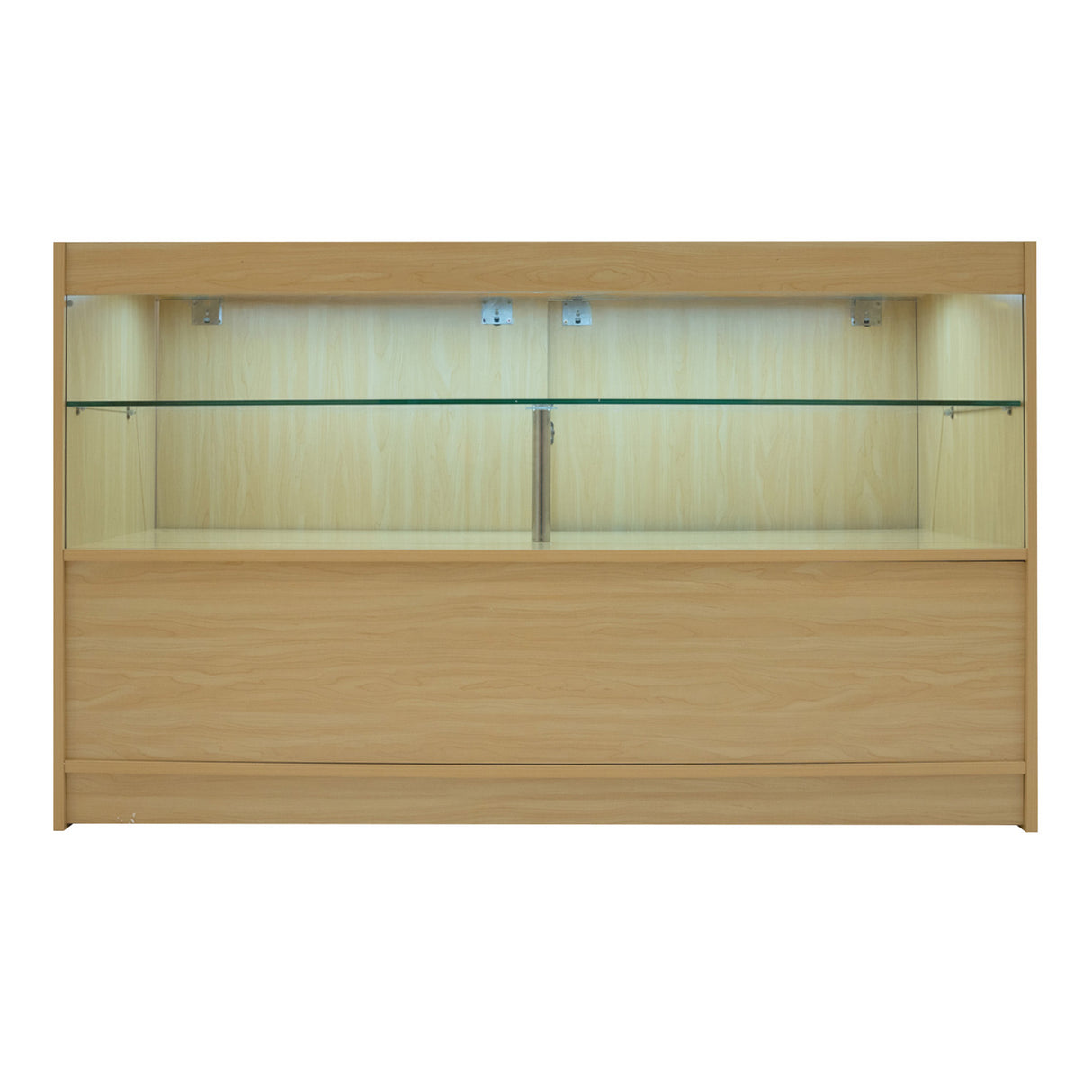 Comptoir de vente en érable clair avec éclairage LED, surface lisse et vitrine en verre pour une présentation élégante des produits