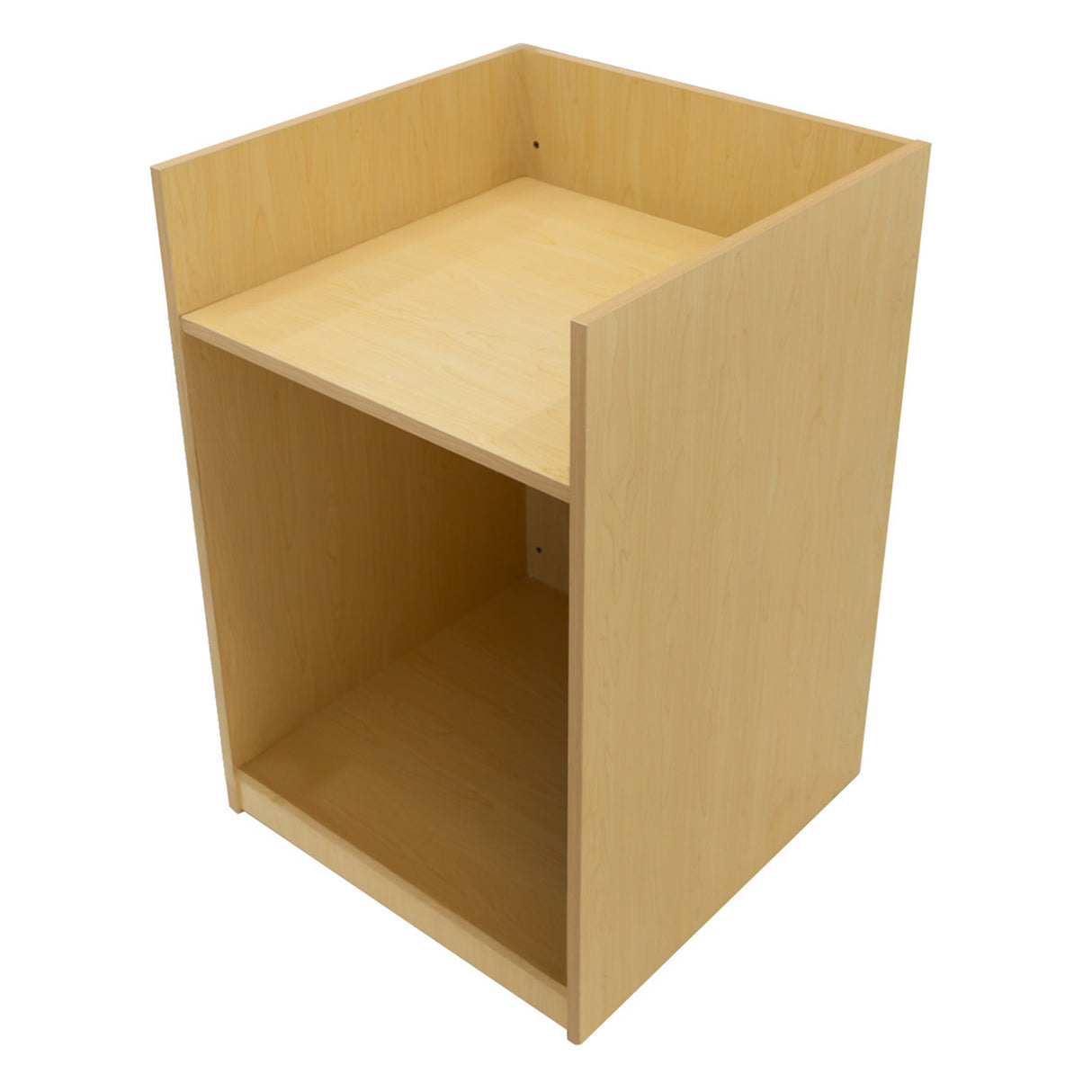 Comptoir de vente en érable clair, design simple avec un plateau supérieur et un espace de rangement ouvert en dessous