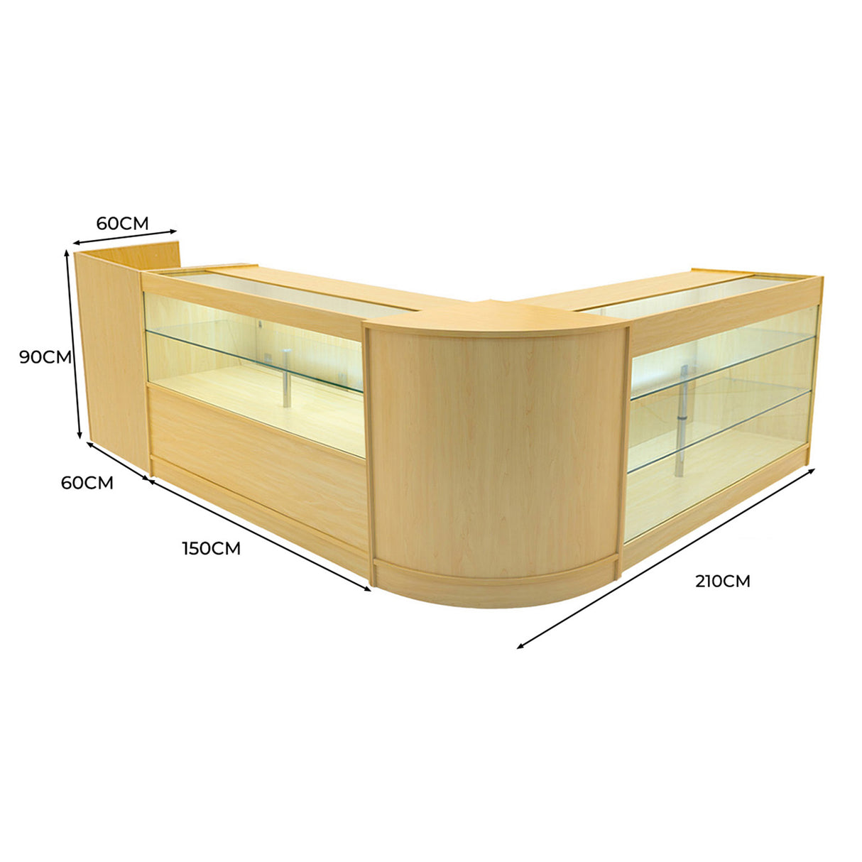 Comptoirs de vente à LED en érable clair, forme en L, avec vitrines en verre, éclairage intégré, dimensions 210x150x90 cm