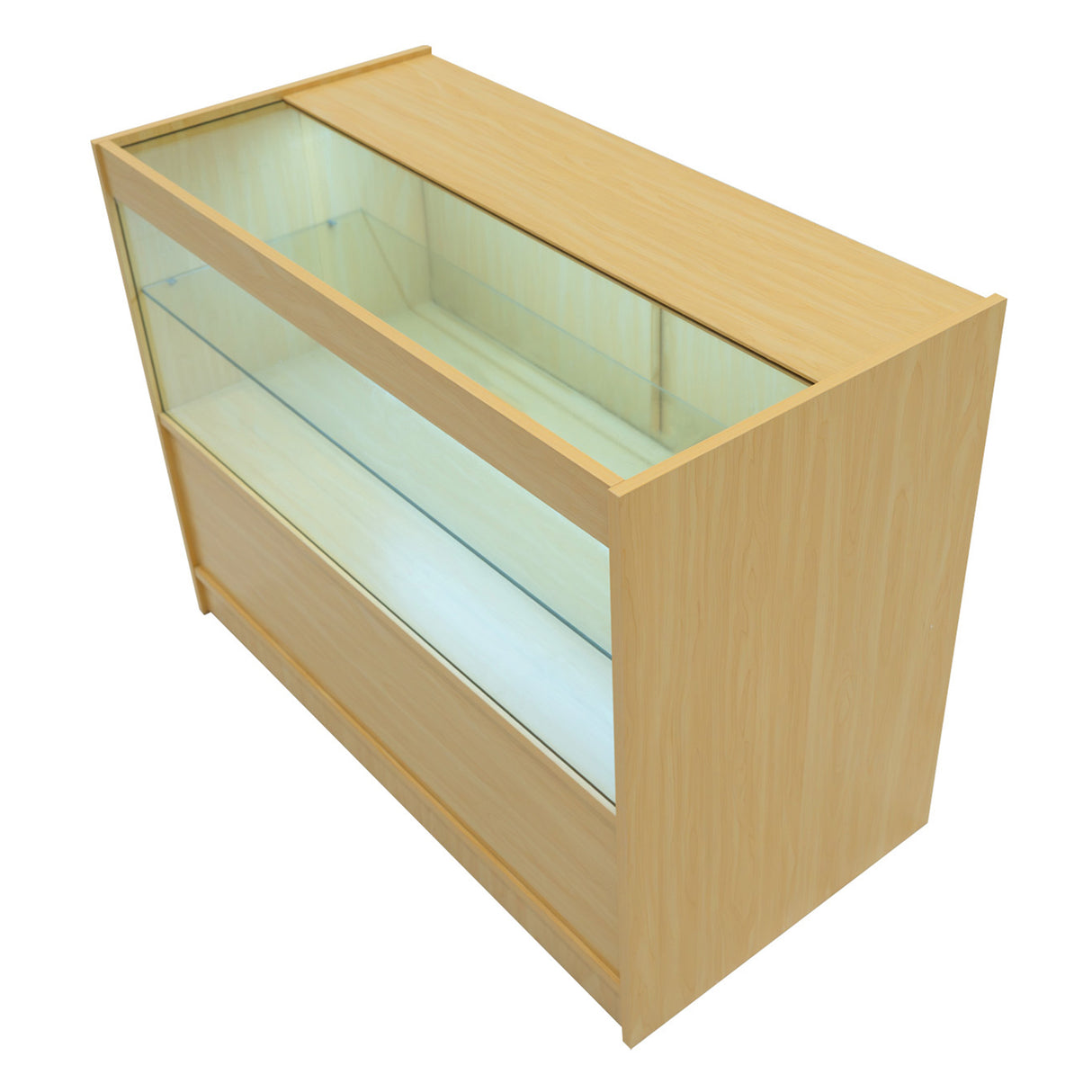 Vitrine de comptoir en érable clair, avec éclairage LED, surface lisse et étagères en verre, idéale pour exposer des produits