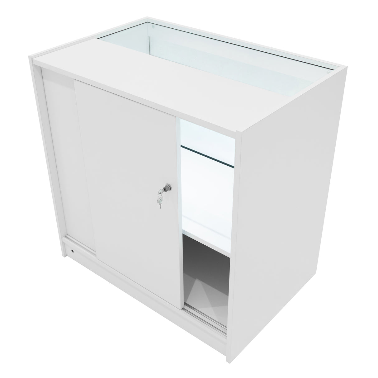 Comptoir de vente à LED blanc, design moderne, avec portes coulissantes, éclairage intérieur et surface en verre transparent