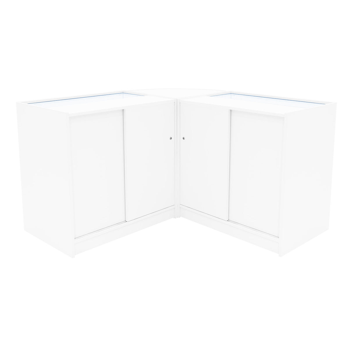Comptoirs de vente à LED Harmonia en blanc, finition lisse, design moderne avec portes coulissantes et éclairage intégré
