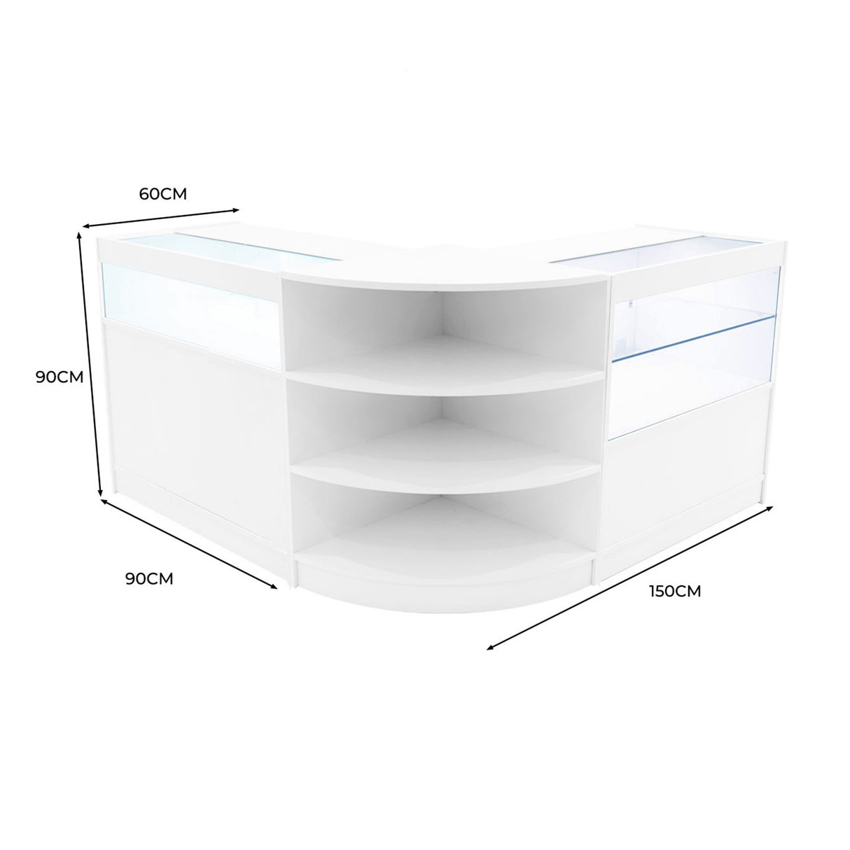 Comptoir de vente à LED blanc en forme de L, avec étagères ouvertes et vitrines en verre, dimensions 150x90x60 cm
