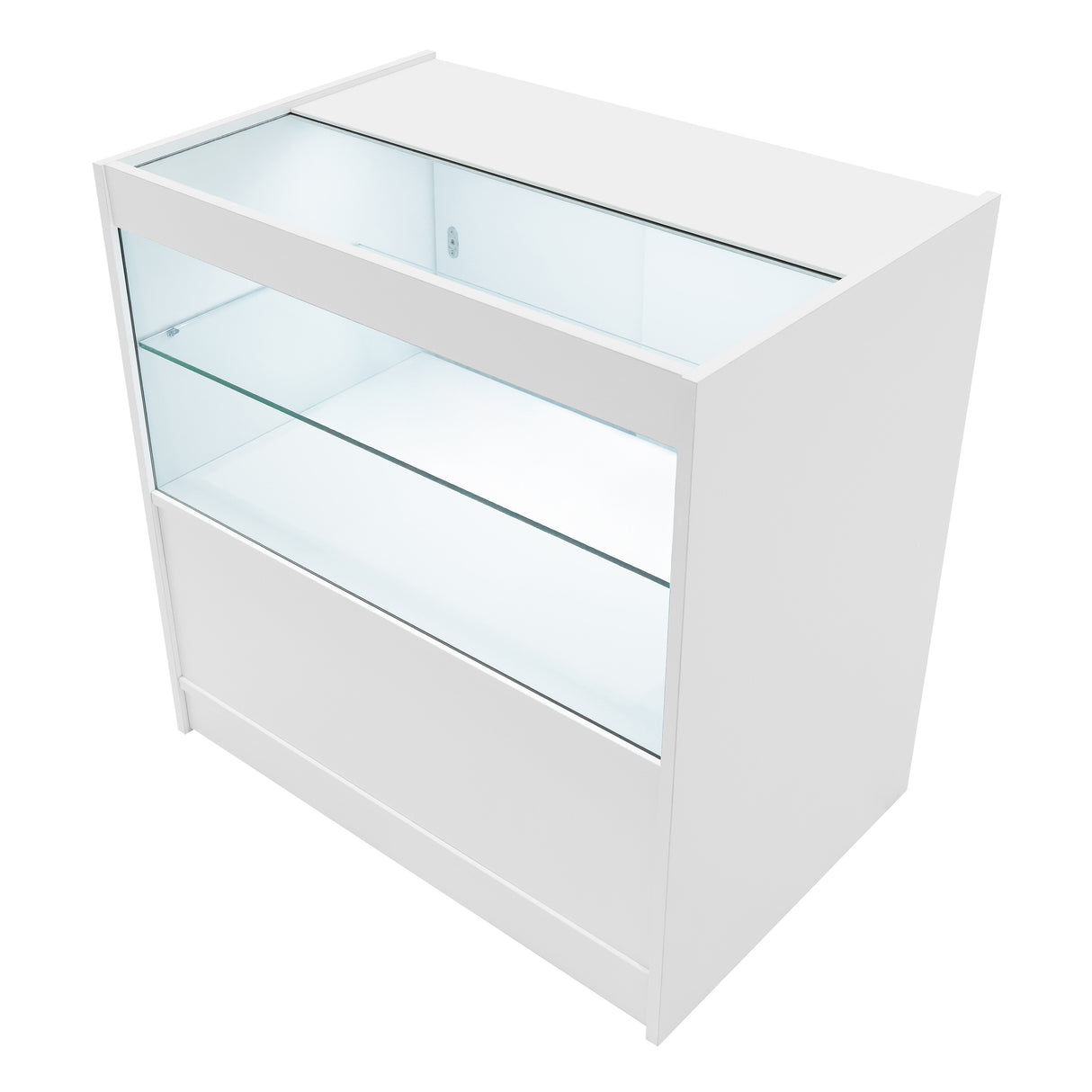 Comptoir de vente à LED Harmonia blanc, design moderne avec surfaces en verre, éclairage intégré et finition lisse et épurée