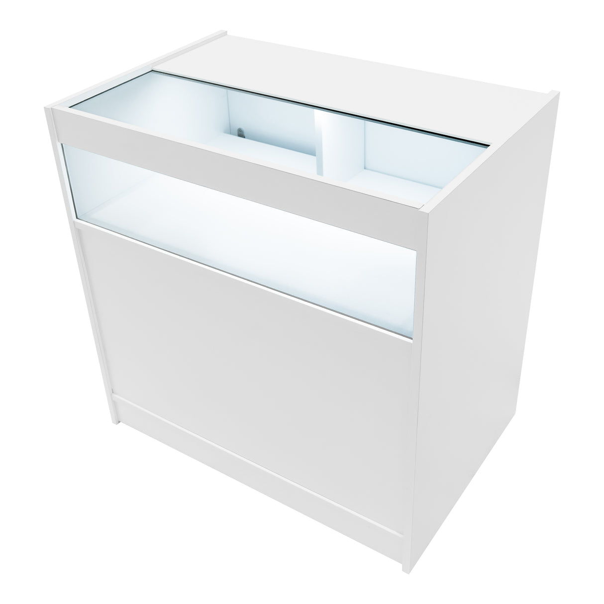 Comptoir de vente à LED Harmonia en blanc, surface lisse, éclairage intégré, design moderne et épuré, parfait pour les espaces commerciaux