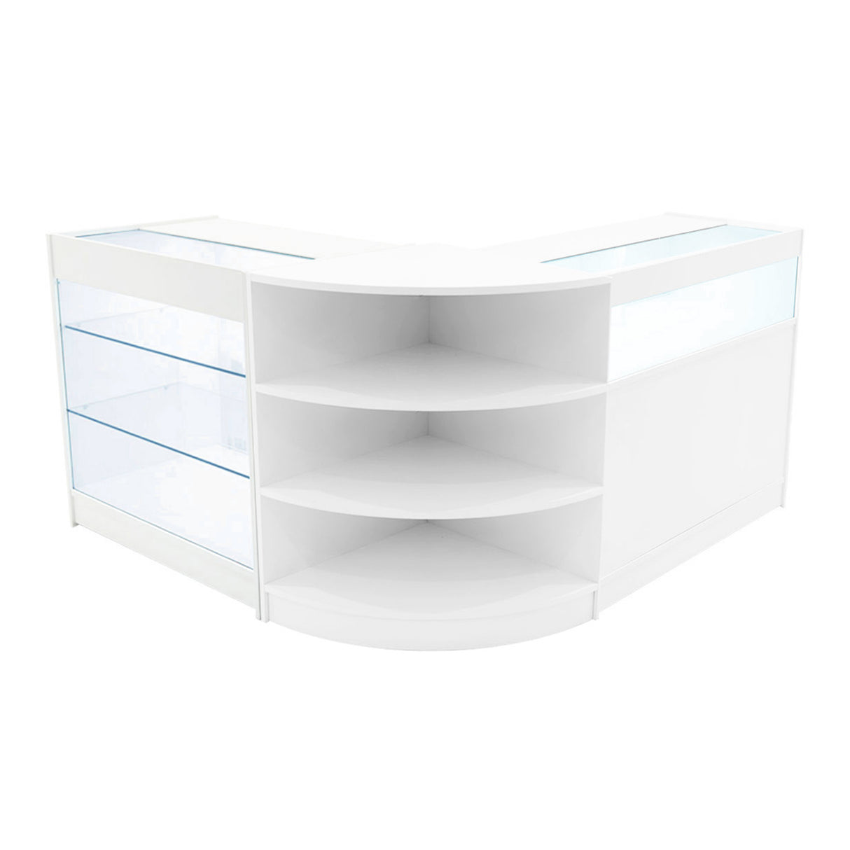 Comptoir de vente à LED blanc en forme de L, avec étagères en verre transparent et finition lisse, idéal pour l'affichage de produits