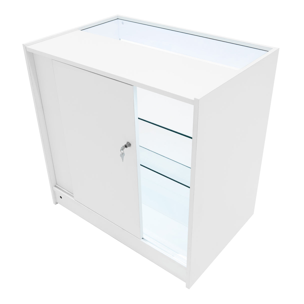 Comptoir de vente à LED blanc, design moderne avec portes coulissantes, étagères en verre et éclairage intégré pour une présentation élégante