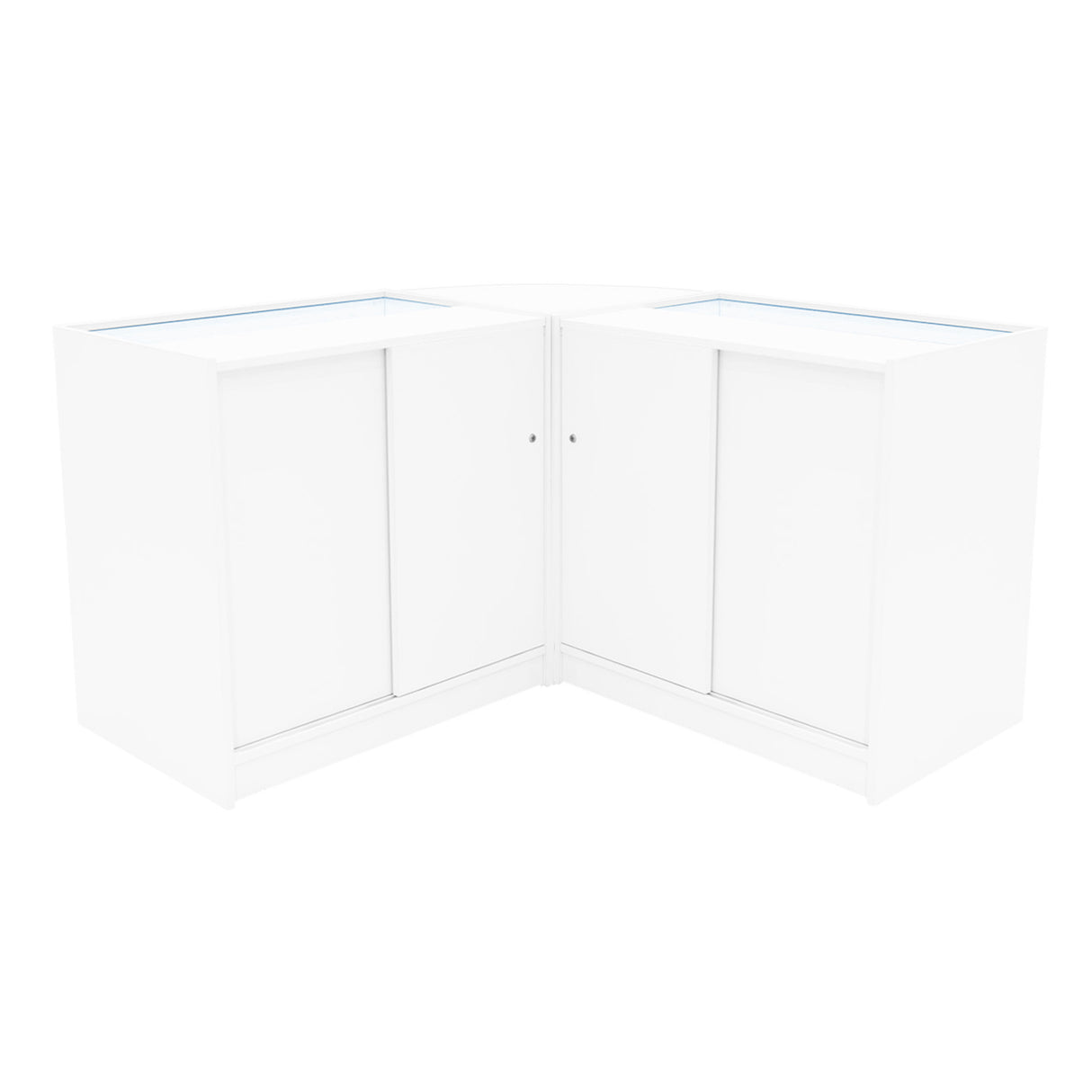 Comptoirs de vente à LED en blanc, design moderne avec surfaces lisses, portes coulissantes et éclairage intégré, parfaits pour les présentations