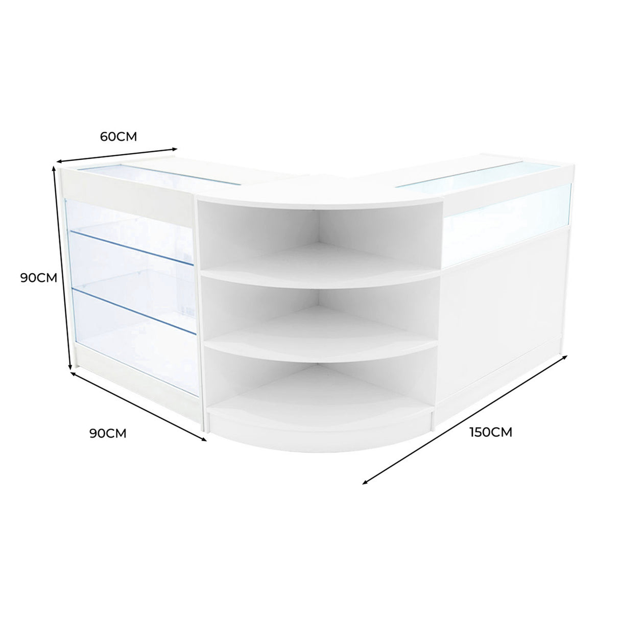 Comptoir de vente à LED blanc en forme de L, avec étagères en verre, dimensions 150 cm x 90 cm x 60 cm, design moderne et épuré