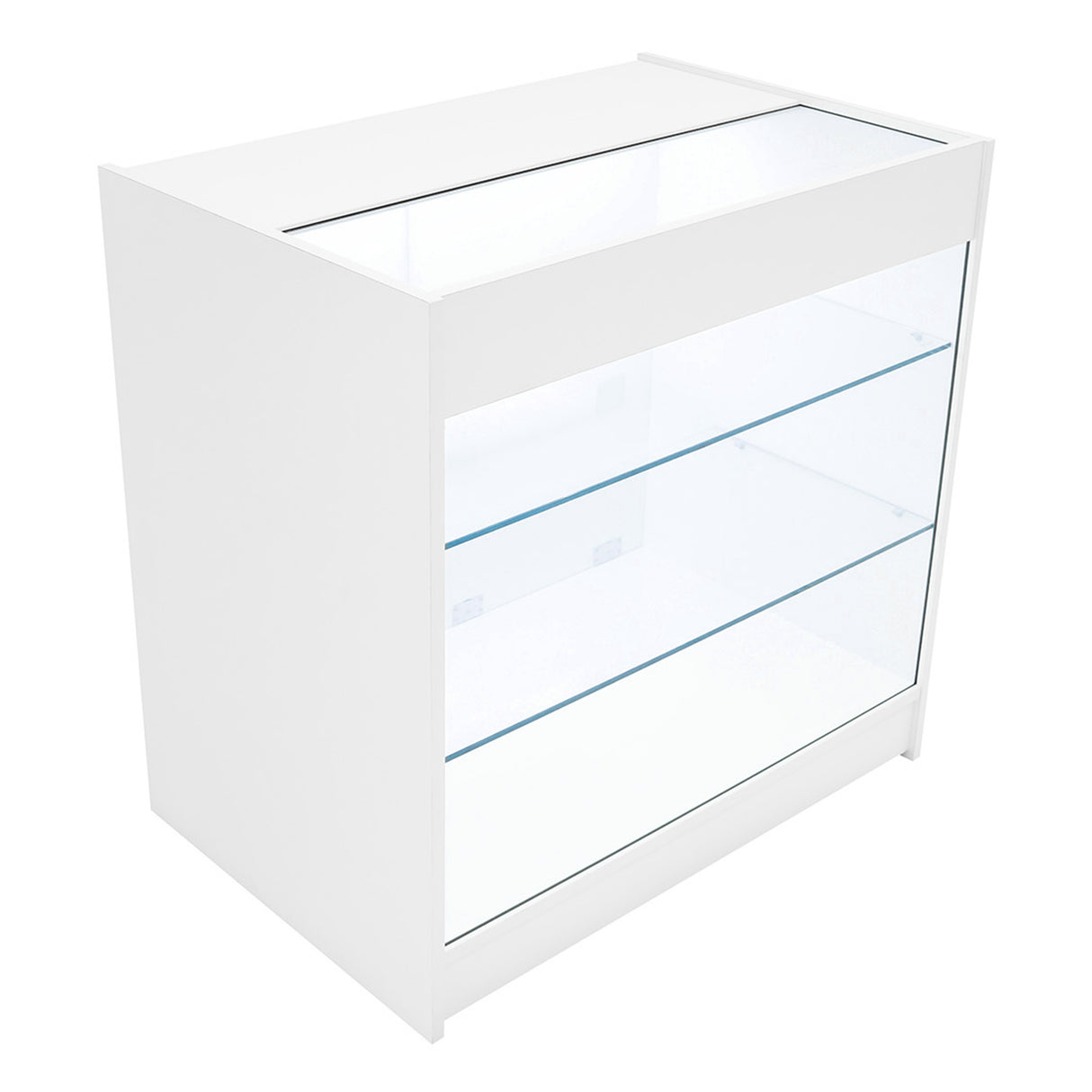 Comptoir de vente à LED blanc, avec deux étagères en verre transparent, design moderne et épuré, idéal pour la présentation de produits