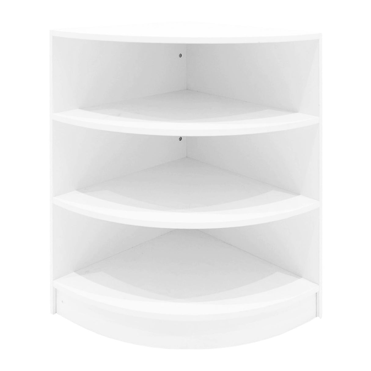 Comptoir de vente à LED blanc avec quatre étagères en forme de coin, finition lisse et moderne, idéal pour l'affichage de produits
