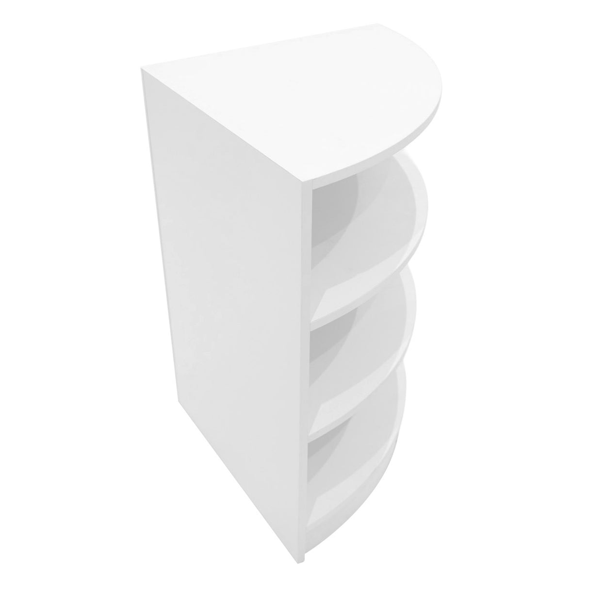 Comptoir de vente à LED blanc, design moderne, forme arrondie, avec quatre étagères ouvertes pour un rangement pratique et esthétique
