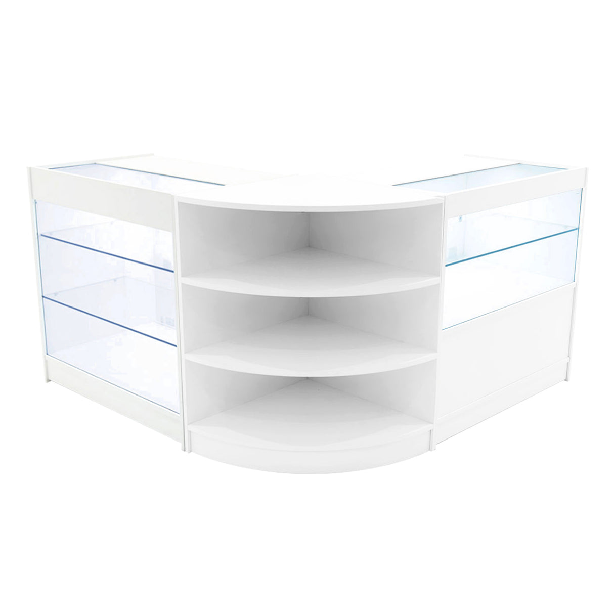 Comptoir de vente à LED blanc Calliope avec étagères en verre, design moderne et courbé, idéal pour exposer des produits