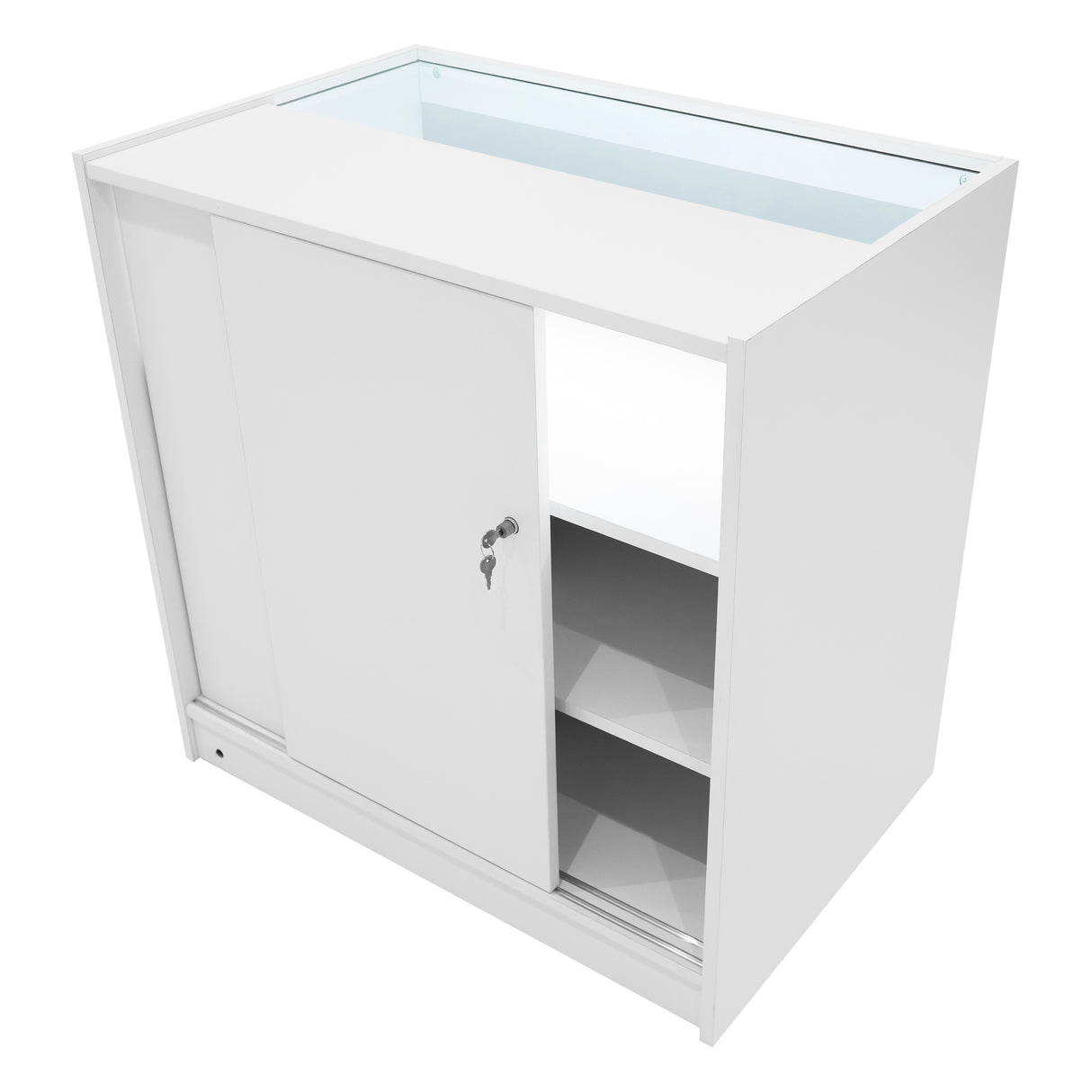 Comptoir de vente à LED blanc Calliope avec portes coulissantes, étagères intérieures et finition lisse et moderne