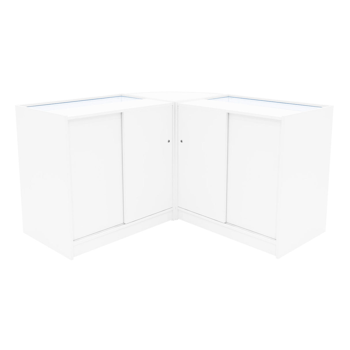 Comptoirs de vente à LED Calliope en blanc, avec surfaces lisses, angles arrondis et portes coulissantes pour un accès facile
