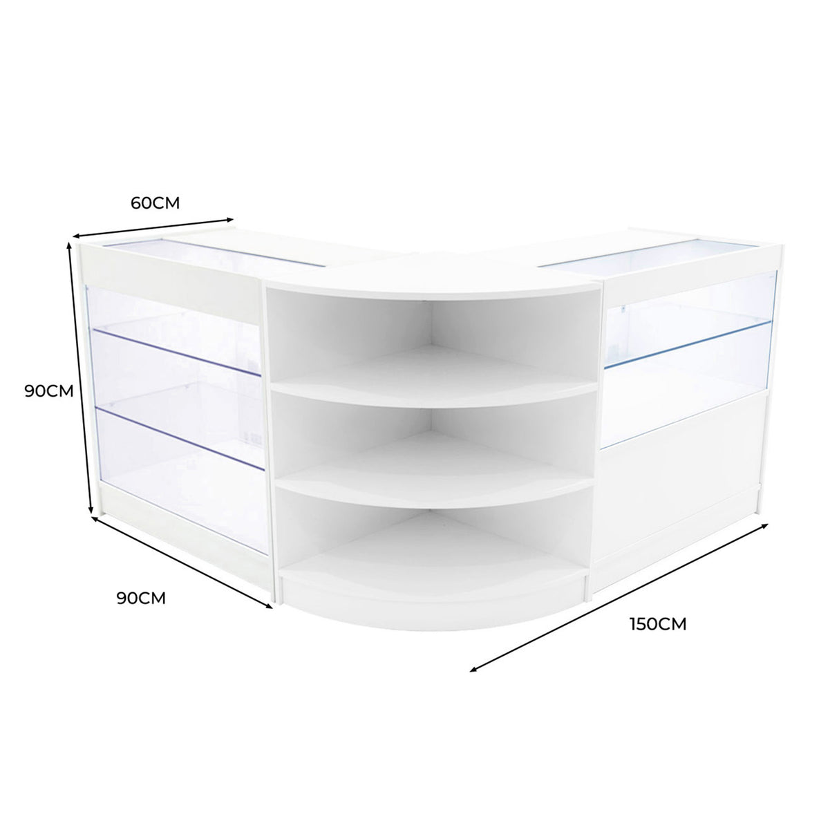 Comptoir de vente à LED blanc, courbé, avec étagères en verre, dimensions 150 cm x 90 cm x 60 cm, design moderne et épuré