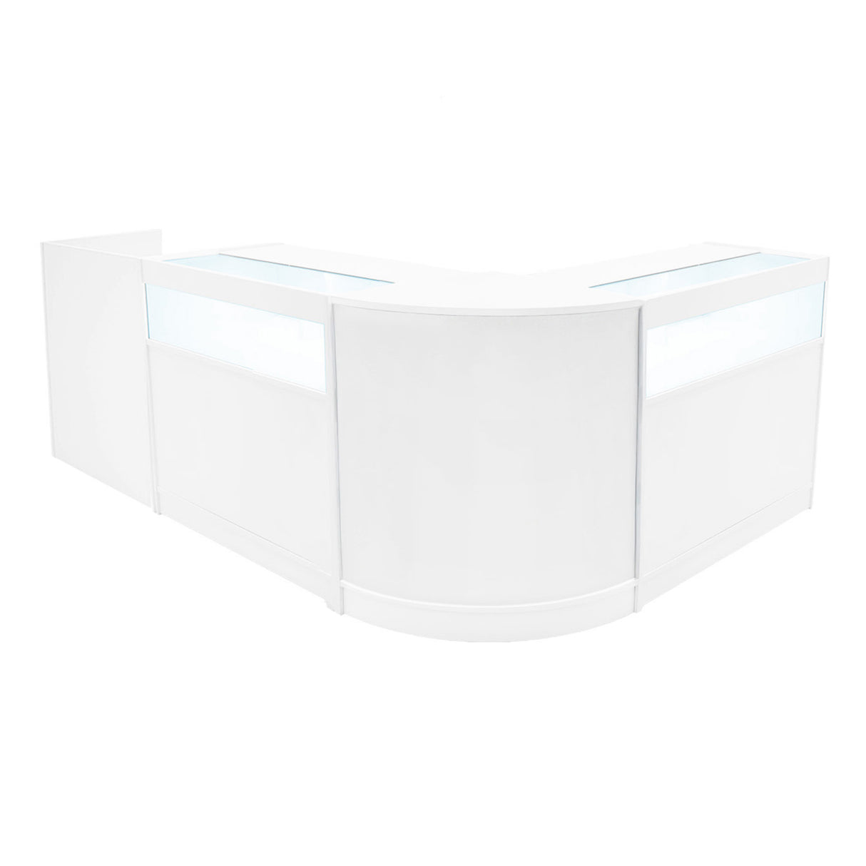 Comptoir de vente à LED en blanc, design moderne et épuré, avec surfaces lisses et éclairage intégré, idéal pour les espaces commerciaux