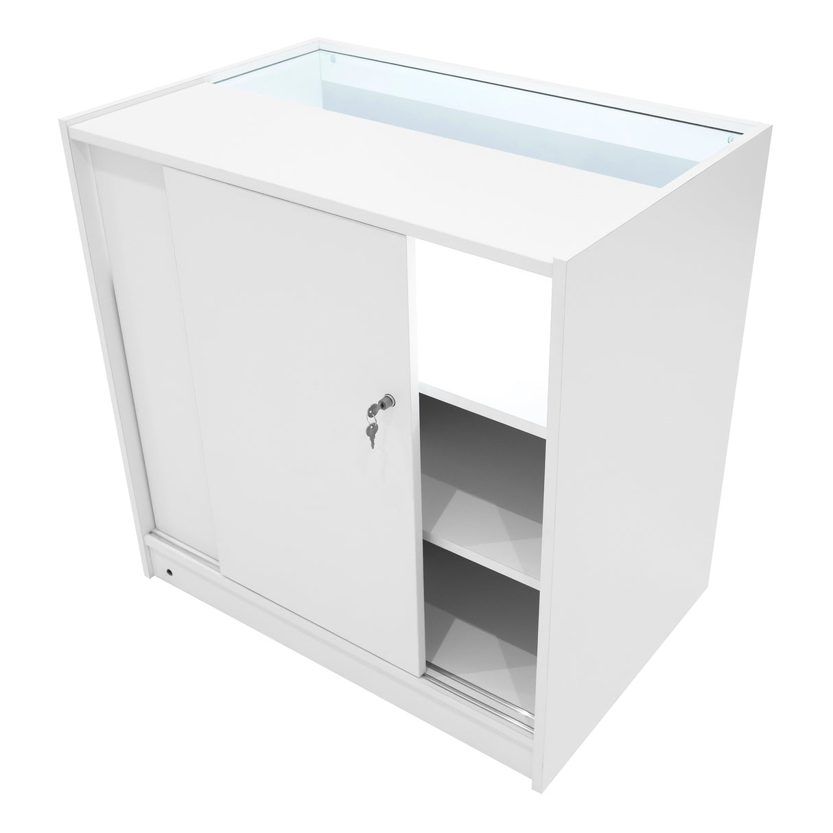 Comptoir de vente à LED blanc, design moderne avec portes coulissantes, étagères intérieures et éclairage intégré pour une présentation élégante