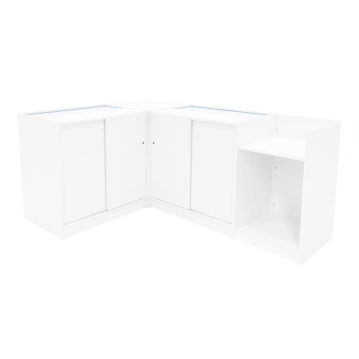 Comptoirs de vente à LED en blanc, design moderne avec surfaces lisses, portes coulissantes et espace de rangement ouvert