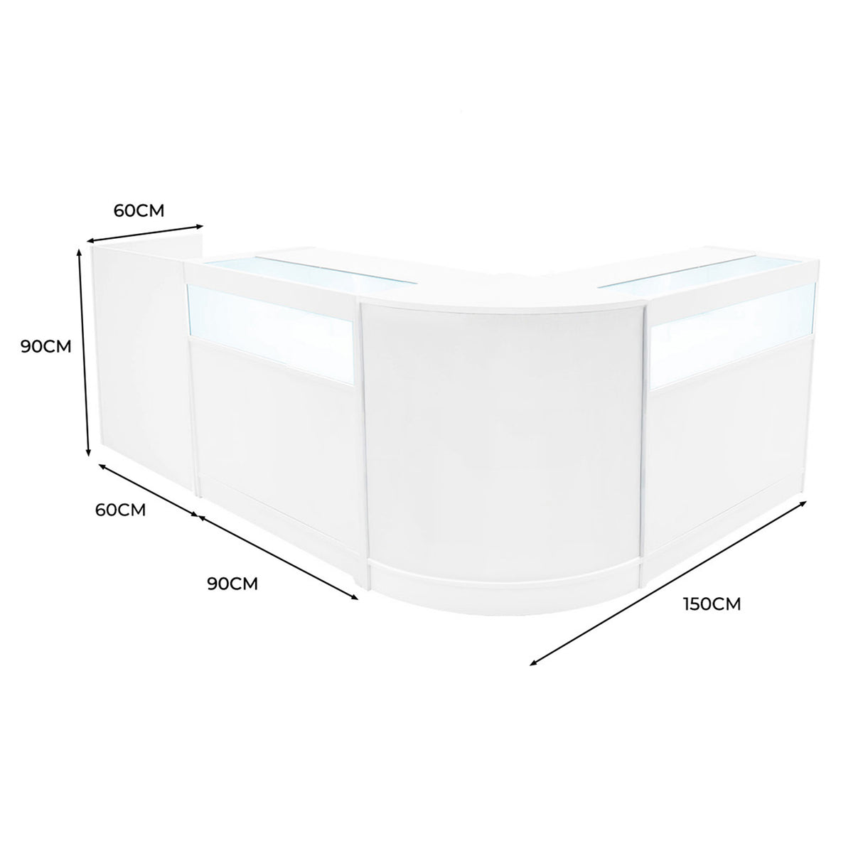 Comptoir de vente à LED en blanc, design moderne, courbé, dimensions 150x90x60 cm, avec éclairage intégré pour une ambiance accueillante