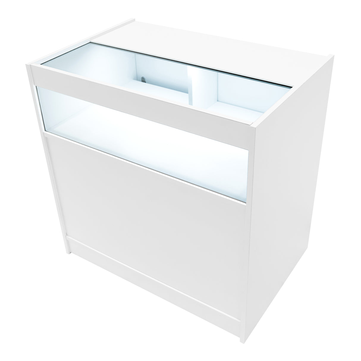 Comptoir de vente à LED blanc, design moderne, surface lisse, éclairage intégré, parfait pour exposer des produits avec élégance