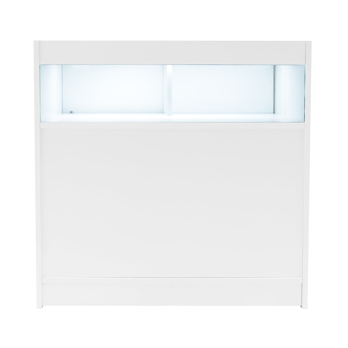 Comptoir de vente à LED blanc avec éclairage intégré, surface lisse et moderne, idéal pour les espaces commerciaux et d'exposition