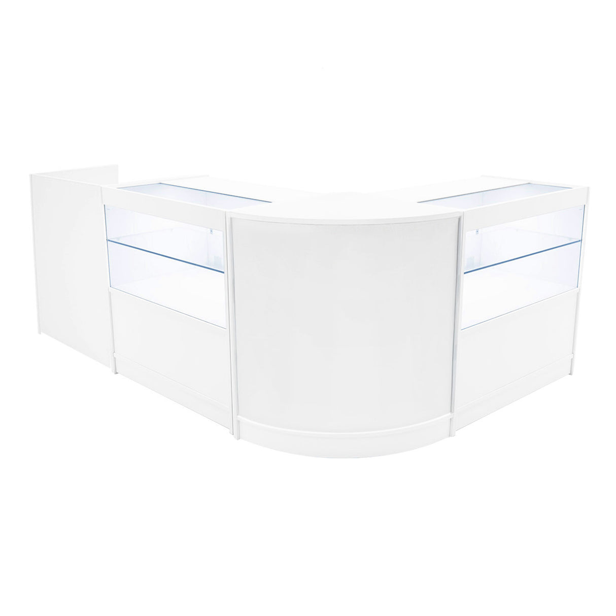 Comptoir de vente à LED blanc en forme de L, avec vitrines en verre transparent et finition lisse, idéal pour les espaces commerciaux