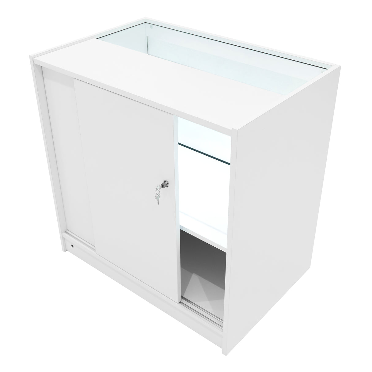 Comptoir de vente à LED blanc avec portes coulissantes, surface lisse, éclairage intégré et étagères en verre transparent