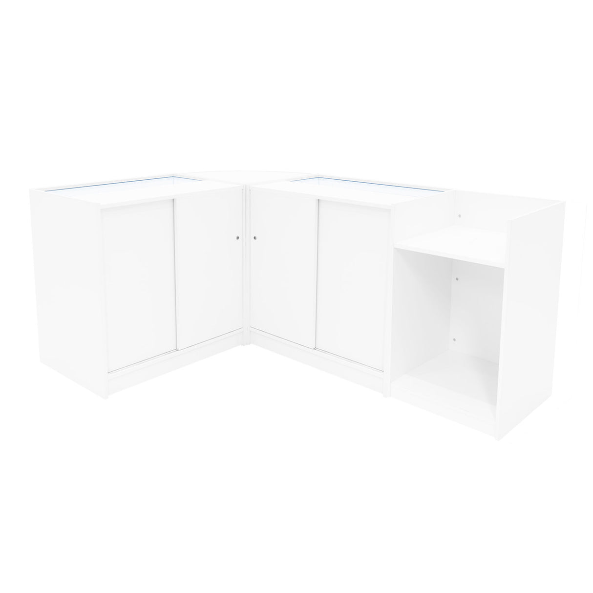 Comptoirs de vente à LED blancs en forme de L, avec surfaces lisses, portes coulissantes et étagère ouverte pour un rangement pratique