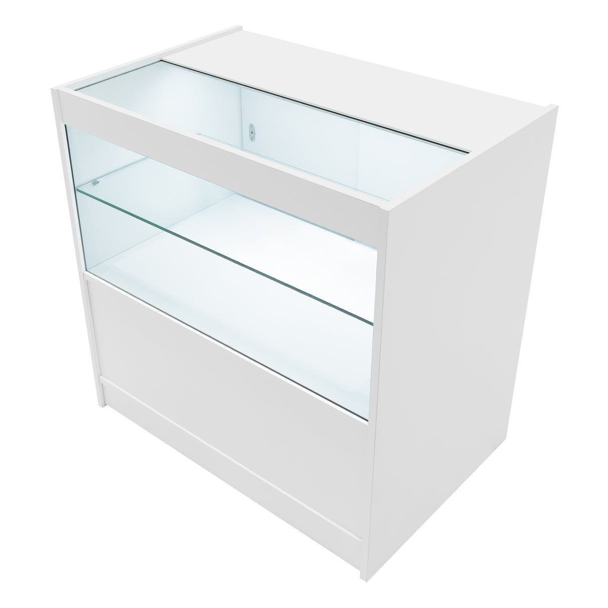 Comptoir de vente à LED blanc avec vitrine en verre, design moderne, éclairage intégré, idéal pour exposer des produits