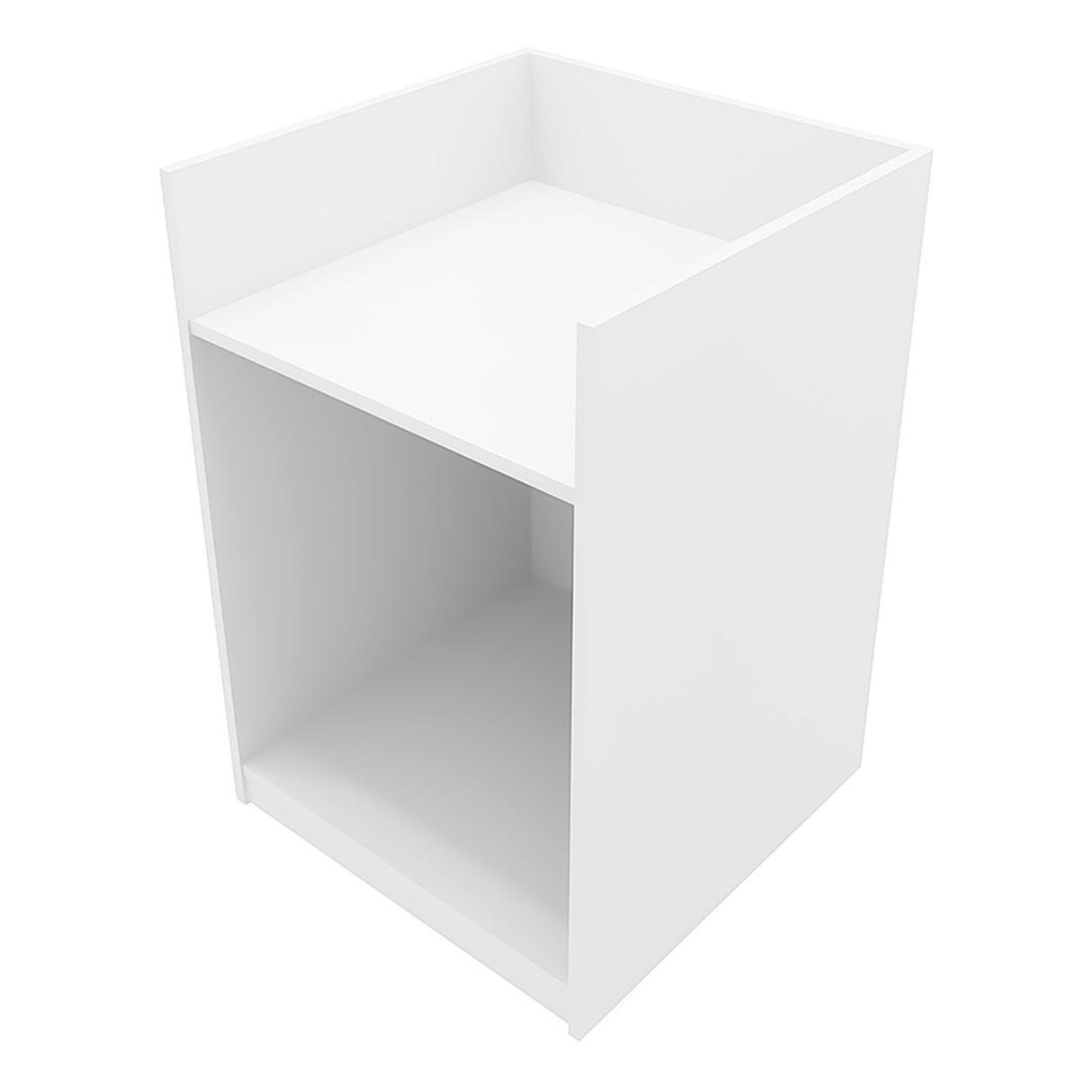 Comptoir de vente à LED blanc, design moderne, surface lisse, espace de rangement ouvert, idéal pour les présentations de produits