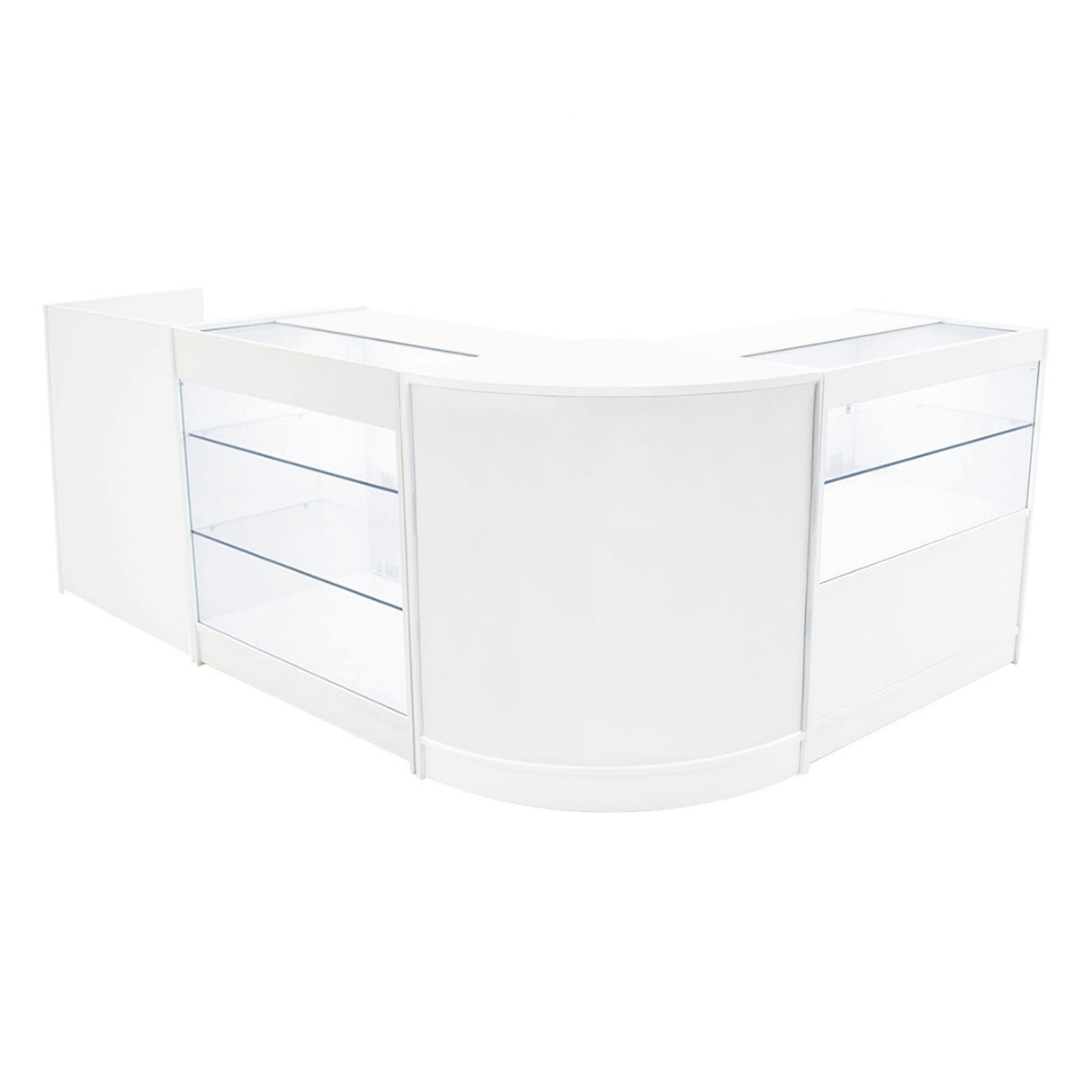 Comptoir de vente à LED blanc en forme de L, avec vitrines en verre transparent et finitions lisses, idéal pour exposer des produits