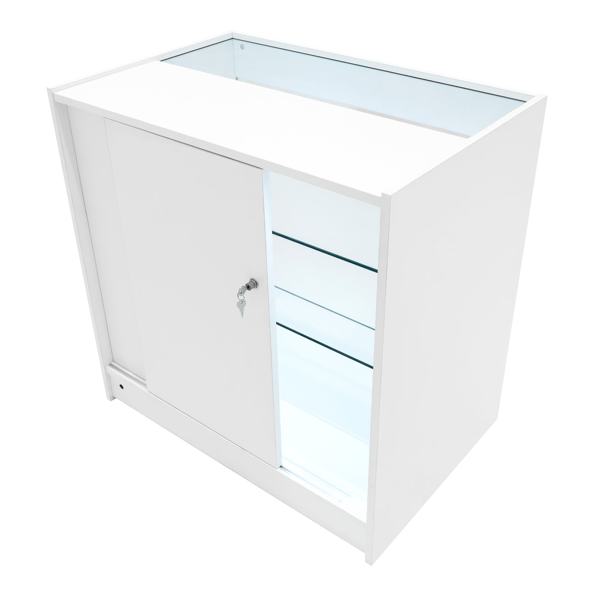 Comptoir de vente à LED blanc avec porte coulissante, étagères en verre, éclairage intérieur, design moderne et épuré