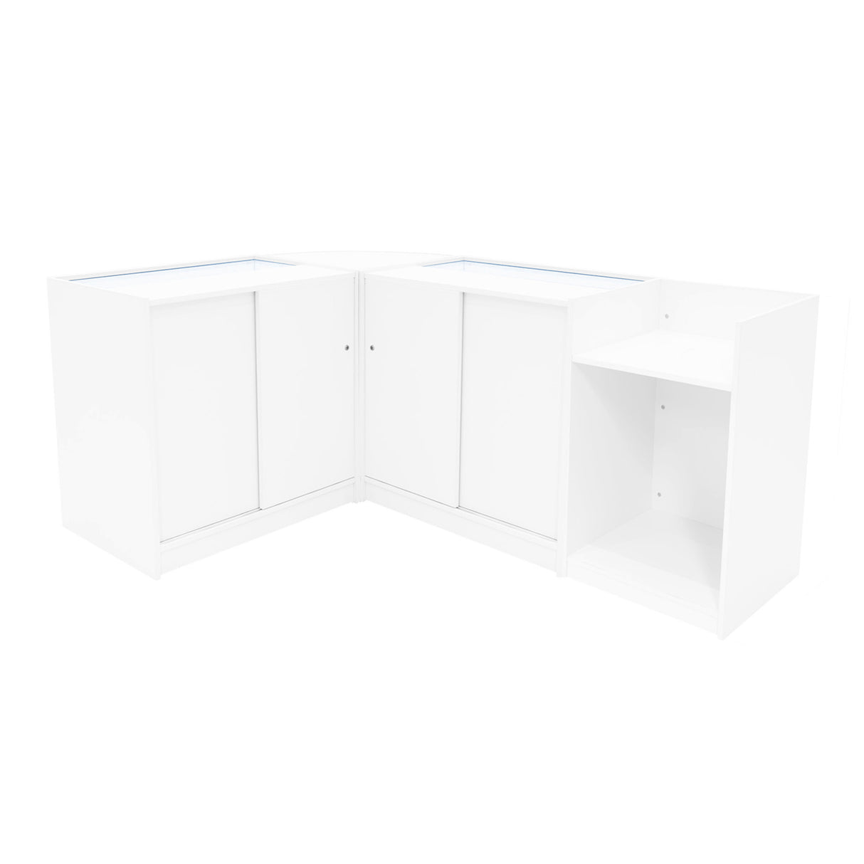 Comptoirs de vente à LED Vega en blanc, finition lisse, avec espaces de rangement et étagères, design moderne et épuré