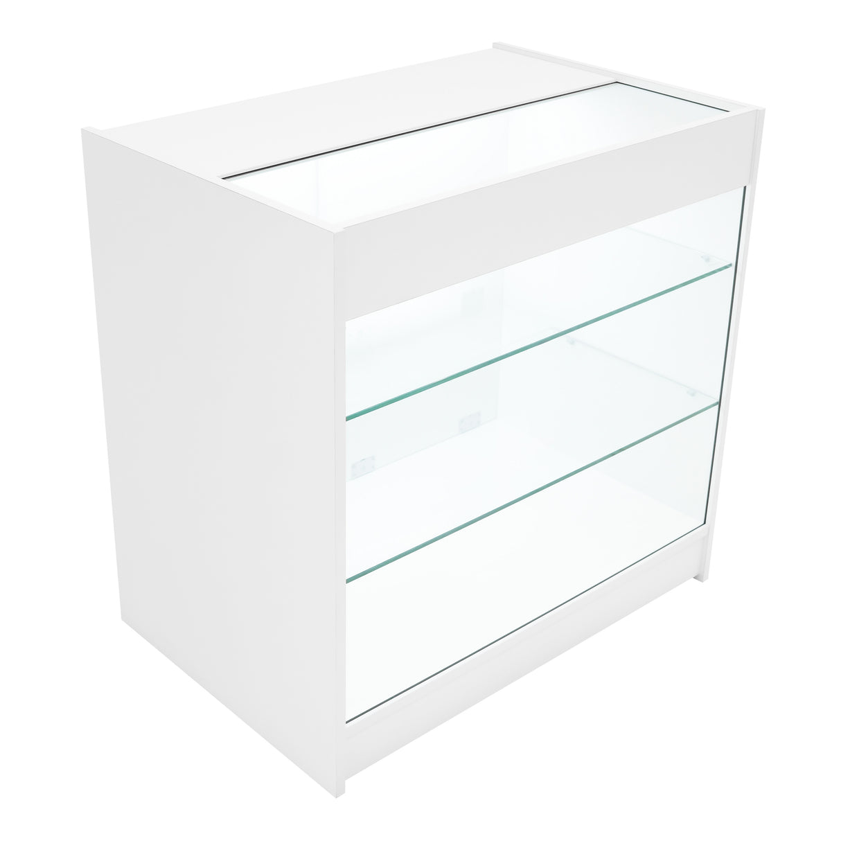 Comptoir de vente à LED blanc avec trois étagères en verre transparent, design moderne et épuré, idéal pour exposer des produits