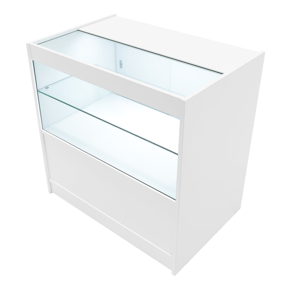 Comptoir de vente à LED blanc avec vitrine en verre, design moderne et épuré, idéal pour exposer des produits en magasin
