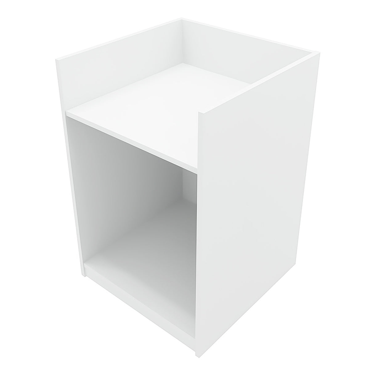 Comptoir de vente à LED Vega en blanc, design moderne, surface lisse, structure en matériau durable, espace de rangement ouvert