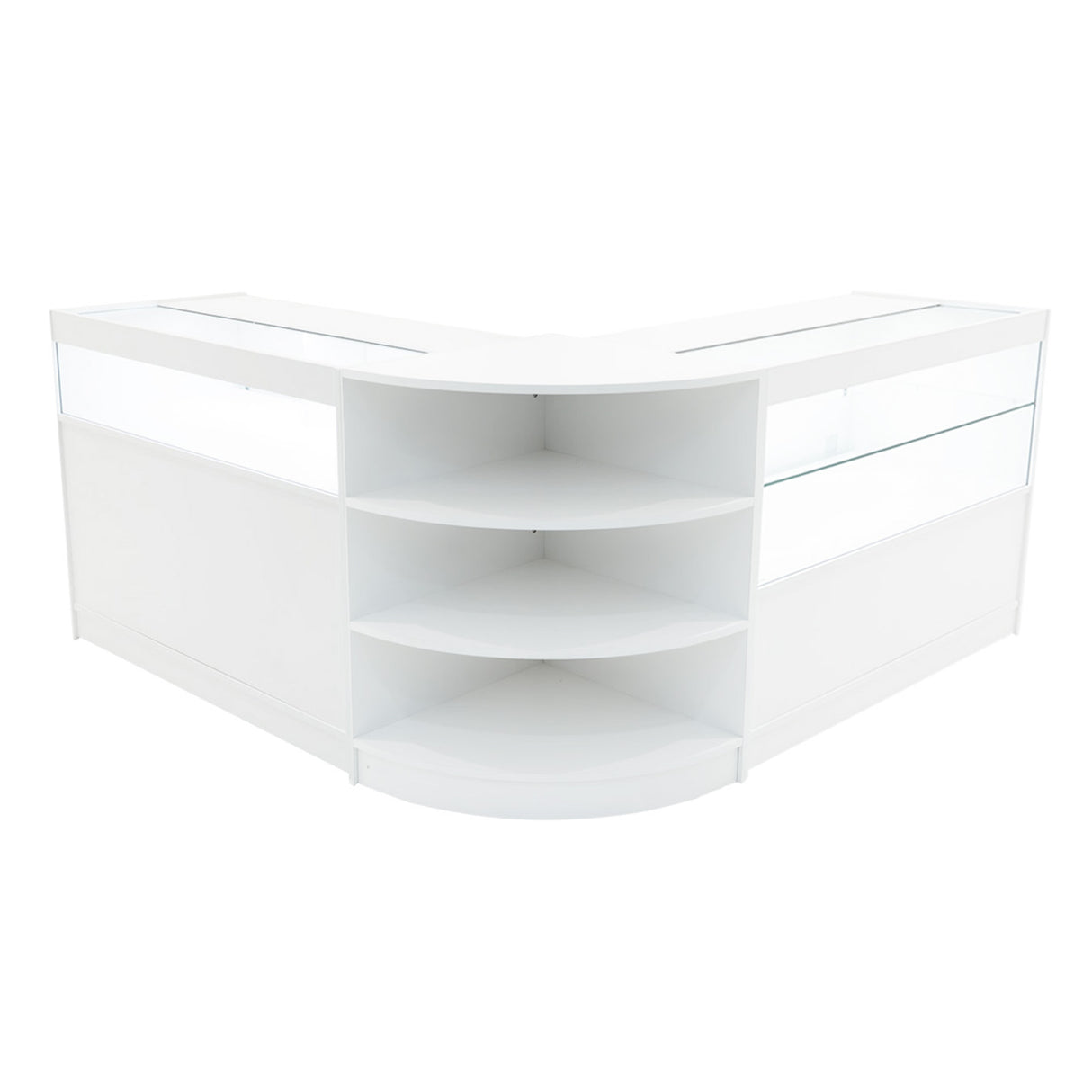 Comptoir de vente à LED blanc en forme de L, avec étagères ouvertes et vitrines en verre, design moderne et épuré