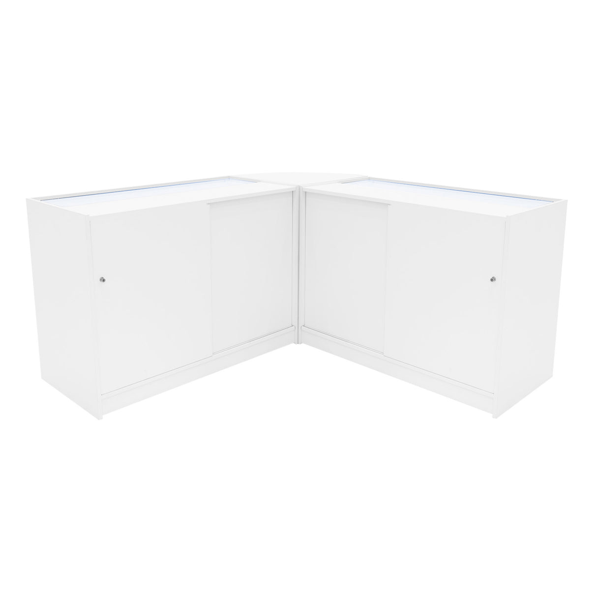 Comptoirs de vente à LED Harmonia en blanc, finition lisse, design moderne, avec espaces de rangement intégrés et éclairage intégré