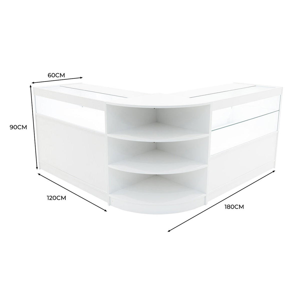 Comptoir de vente à LED Harmonia blanc, forme en L, avec étagères ouvertes, dimensions 60 cm x 120 cm x 180 cm, surface lisse et moderne