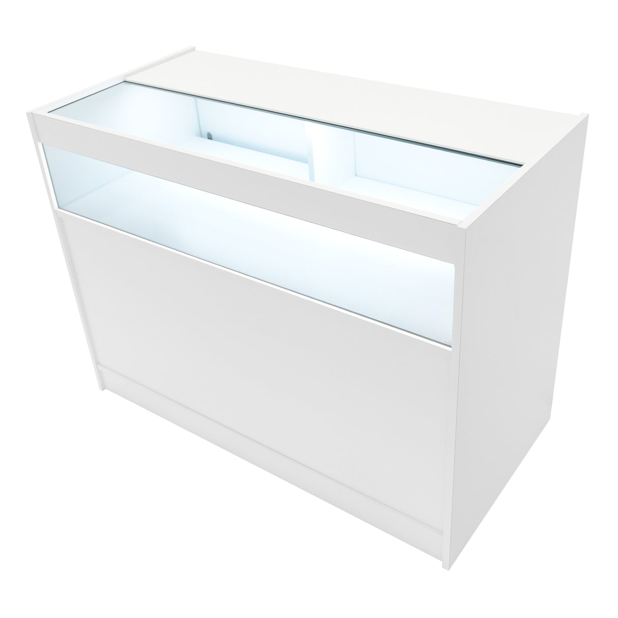 Comptoir de vente à LED blanc, design moderne avec surface lisse, éclairage intégré et vitrine en verre pour une présentation élégante