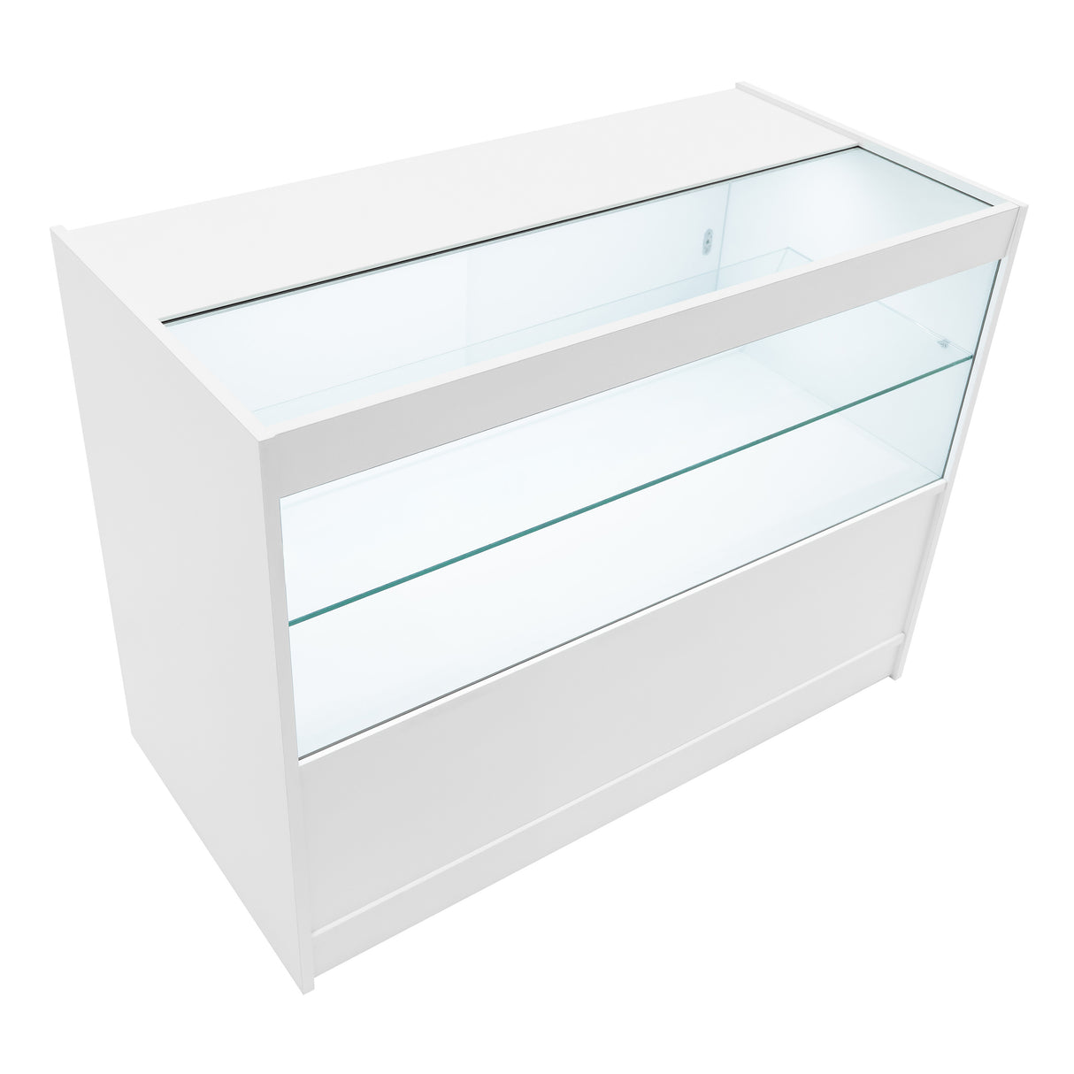 Comptoir de vente à LED Harmonia en blanc, avec vitrine en verre transparent et finition lisse, idéal pour exposer des produits