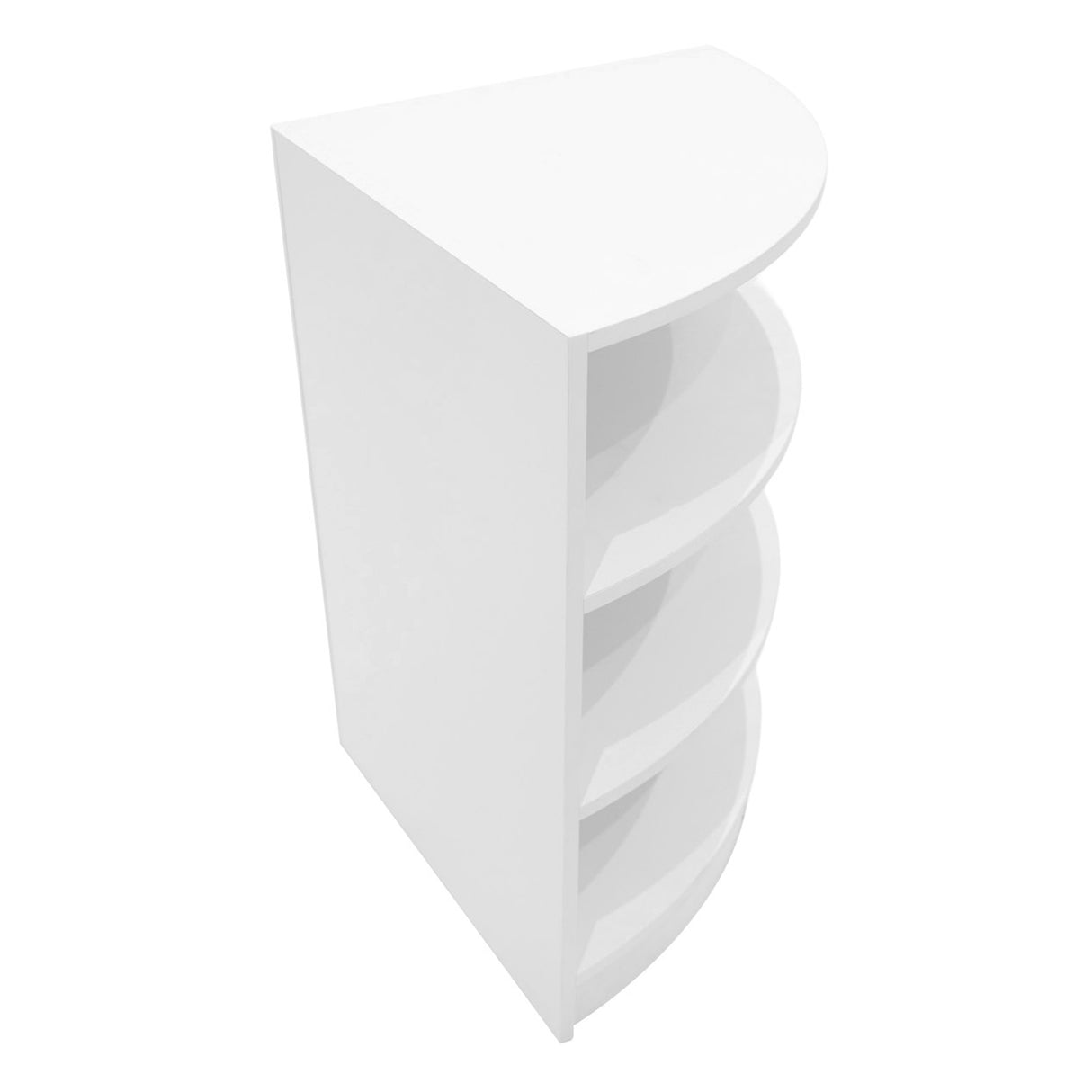 Comptoir de vente à LED Harmonia en blanc, avec une forme arrondie et quatre étagères ouvertes pour un rangement pratique
